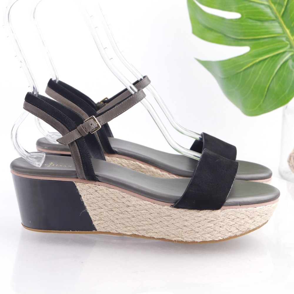 Cole Haan Womens Arden Sandals Size 11 Black Leather Espadrilles Wedge Platform